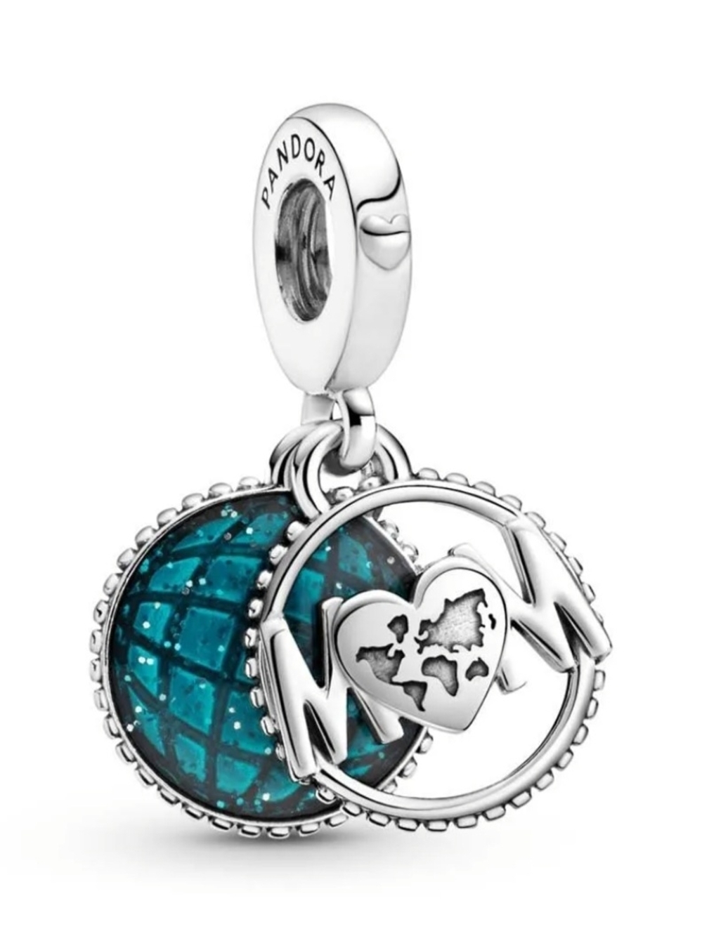 Pandora Teal Globe 'MOM' Heart Dangle Charm